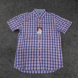 IZOD Shirt Mens Medium Button Up Pink Short Sleeve Regular Fit Cotton Plaid Golf